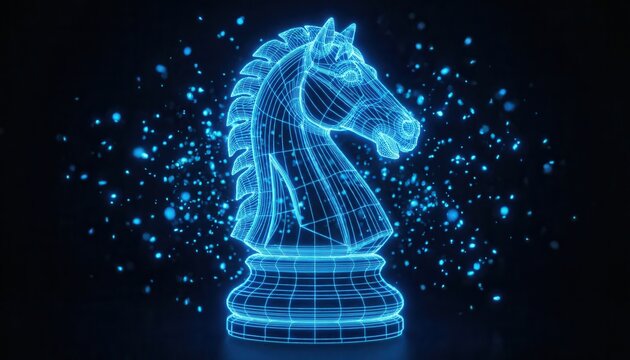 Glowing blue digital wireframe chess knight piece on dark background with abstract neon particles, representing strategy, AI, and technology for modern gaming and business strategy.
