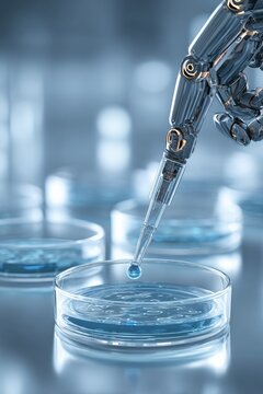 Robotic Hand with Pipette Conducting Scientific Experiment in Laboratory.