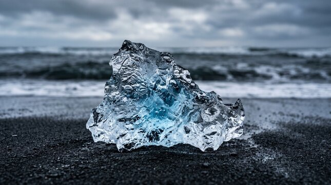 ice beach sea ocean wave cloud storm nature cold blue clear glacier icicle chunk frozen water black sand shore coast landscape scenic drama dramatic mood atmosphere icy glacial