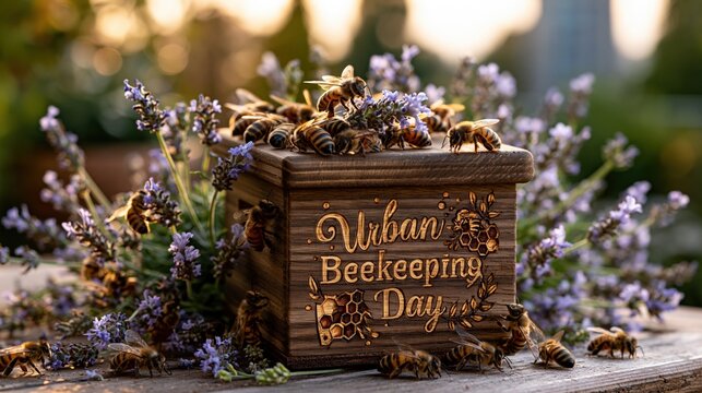 Carved wooden beehive box with burned inscription "Urban Beekeeping Day" decorated with pyrography honeycomb and bee motifs, surrounded by buzzing bees and lavender flowers
