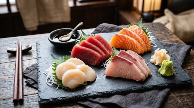 sushi sashimi raw fish japanese food seafood scallops tuna salmon wasabi soy sauce chopsticks black slate restaurant meal food delicious fresh healthy cuisine asian plate dish