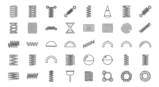 Mechanical spring icons, coil symbols, industrial parts, engineering elements, 40 black and white graphics
