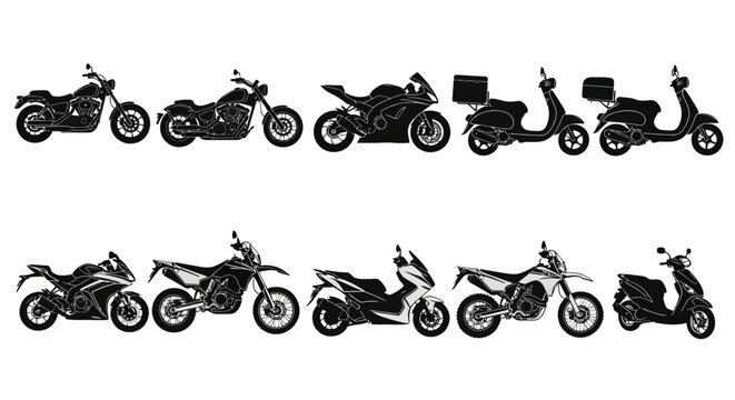 Motorcycle, bike, scooter silhouettes, vector icons, transportation symbols