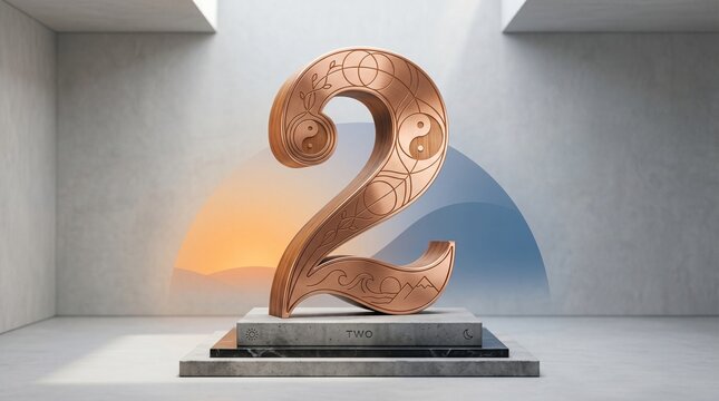 number two copper sculpture yin yang symbolic art modern decor concrete base ornate design sunset background abstract sculpture numerology home decor wall art unique gift