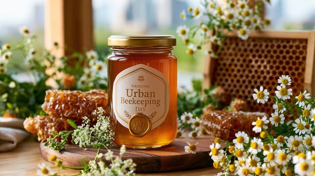 Honey jar label design reading "National Urban Beekeeping Day" with golden wax seal stamp, surrounded by real honeycomb frames and fresh wildflowers on wooden table