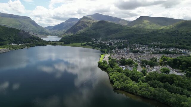Aerial view of Llanberis & Llyn Padarn with the Snowdon massif in the background.