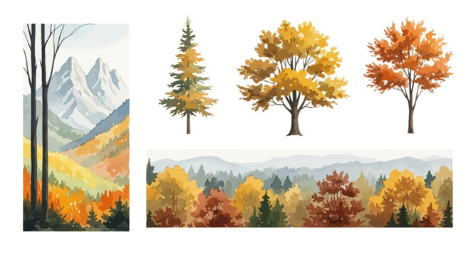 Autumn trees, fall foliage, landscape illustrations, 6 vector scenes