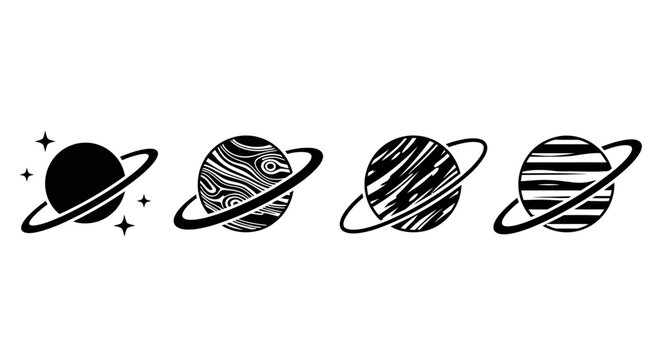 Planets, astronomy icons, black and white vector set, space symbols
