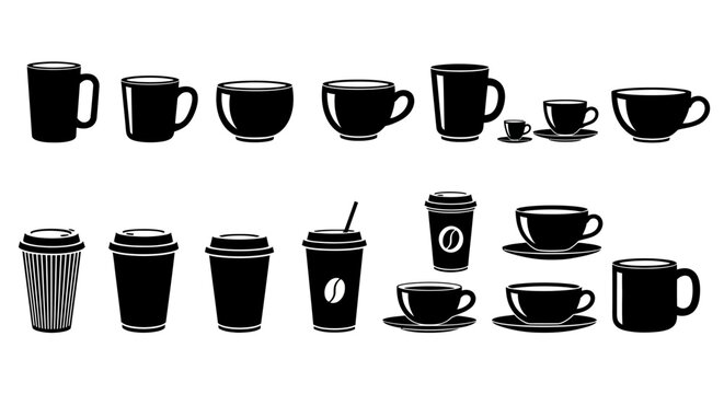 Coffee Cup Icons, Black Silhouette Set, 16 Coffee Cups, Vector Coffee Mugs