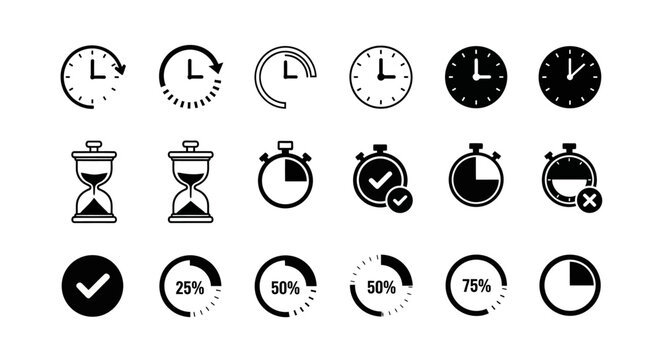Time management icons, clock symbols, productivity graphics, 20 black and white elements