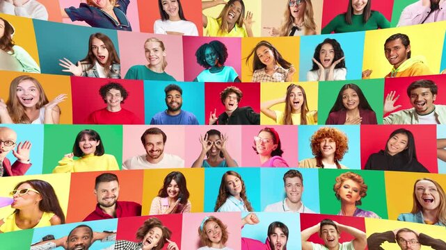 Diverse people collage with bright colorful portrait panels. Concept of social media campaigns, community branding, HR diversity ads, youth marketing and website banners.
