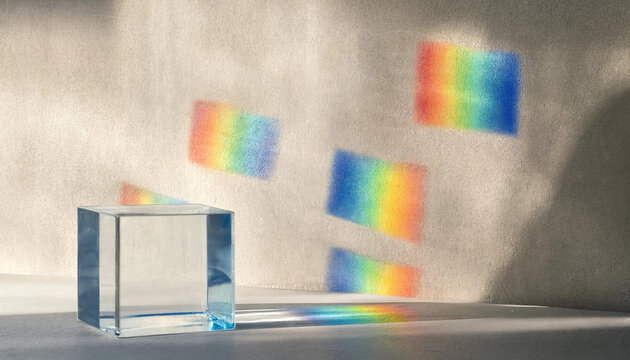 A single transparent glass cube placed on a white surface, casting vibrant rainbow light spectrum projections onto a textured beige wall background