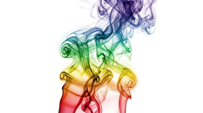 Abstract rainbow colored smoke swirls isolated on white background