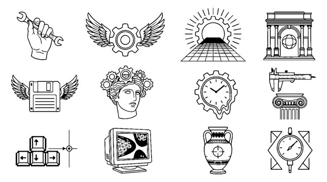 Collection of retro vaporwave and industrial line art icons featuring classical statues and vintage technology.