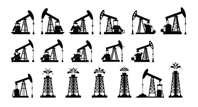 Oil rigs, drilling towers, black icons, industrial equipment, energy extraction, 16 pump jack illustrations