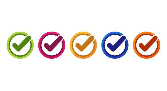 Vector checkmark icons, colorful ticks, approval symbols, verification marks, 5 piece set
