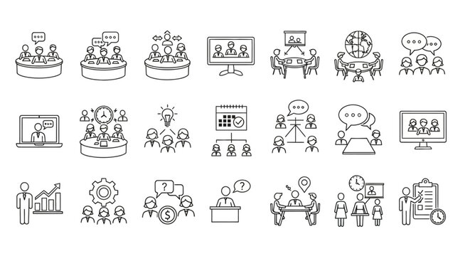Business icons, teamwork symbols, office signs, communication graphics, 20 line icons
