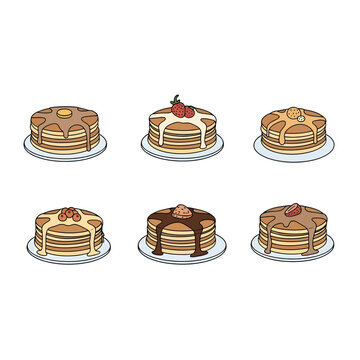 Delicious pancakes with various toppings: chocolate, strawbery, nuts, and syrup, served on white plates, perfect for breakfast or brunch, sweet dessert, food presentation