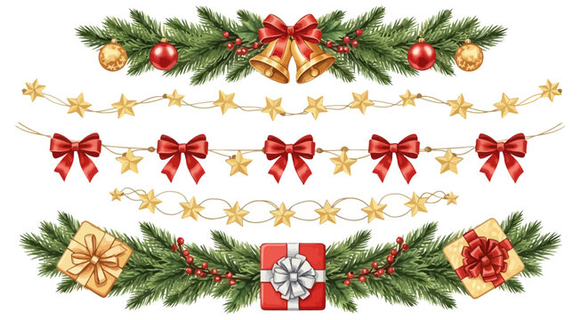 Christmas decorations, festive holiday elements, vector garlands, red and gold ornaments
