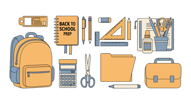 School Supplies for Back to School Preparation including backpack notebook pens ruler eraser scissors folder calculator glue stick and organizational tools