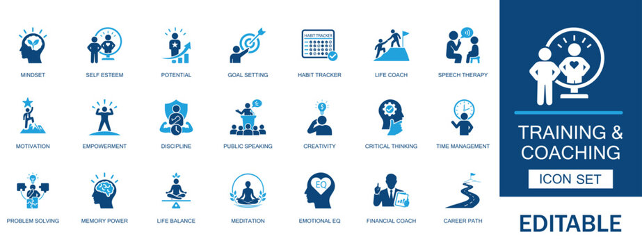 Training and coaching icon set. Featuring mindset, motivation, self esteem, discipline, life coach, goal setting, creative thinking, and career path development symbols.