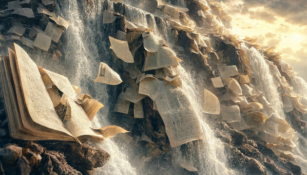 Surreal waterfall cascading over rocky cliffs with countless open books and loose paper pages flowing down with the water stream