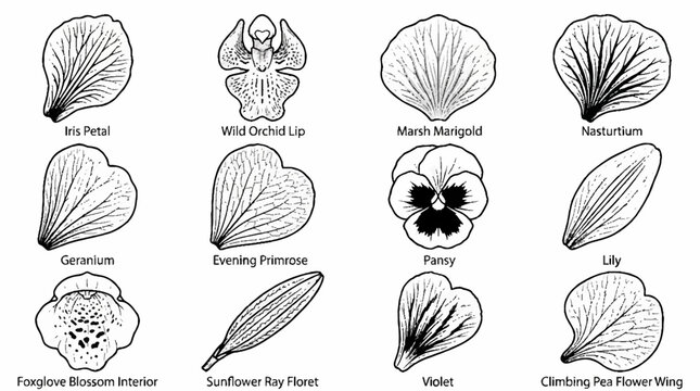Vintage botanical line art illustrations of various flower petals and blossoms set.