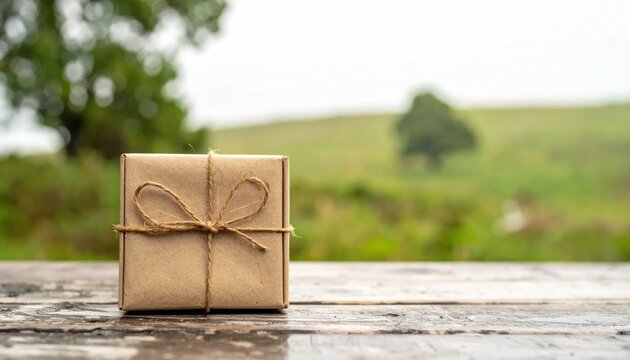 Simple brown kraft paper gift box with twine bow rests on rustic wooden table outdoors amidst blurred green rural landscape on an overcast day