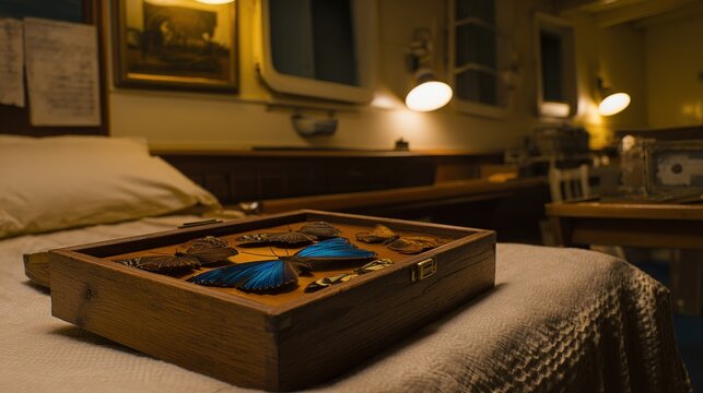 ajar. Dimly lit ship cabin with a wooden crate ajar, revealing rare butterfly specimens inside. wildlife magazines, conservation campaigns, designed for wildlife conservation campaigns.