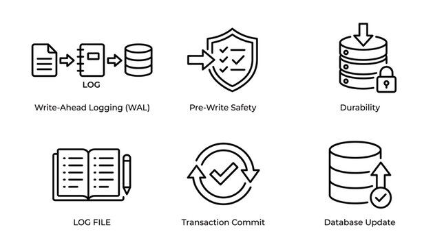 Database icons illustrate logging, safety, durability, and transaction concepts.