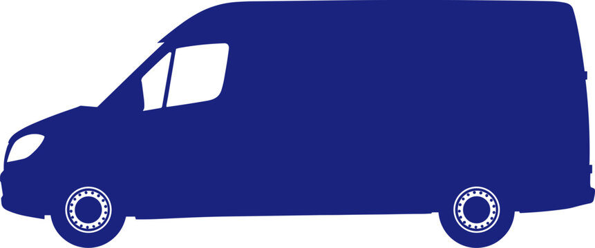 Blue silhouette of a modern commercial delivery van isolated on a transparent background