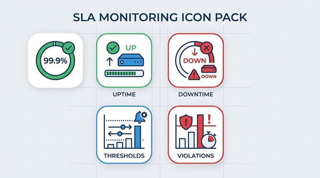 A graphical representation of SLA monitoring icons on a screen displays uptime, downtime, threshold, and violations.