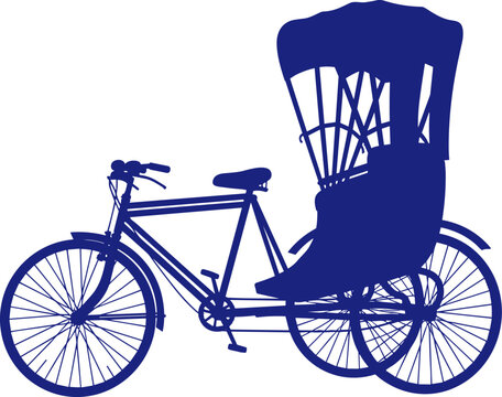 Blue traditional cycle rickshaw pedicab bicycle silhouette standing on a clean transparent background