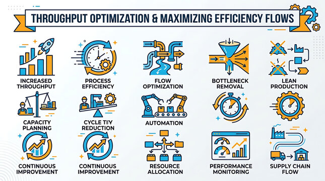 Business process optimization infographic with efficiency flows and performance metrics for industry productivity