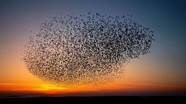 cohesive. A murmuration of starlings forming a cohesive shape against a twilight sky. wildlife magazines, conservation campaigns, designed for eco-tourism storytelling, supports conservation.
