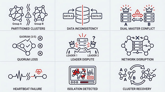 The illustration depicts various technical network and system issues including data inconsistency and cluster recovery.