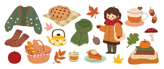 Obraz premium Autumn clipart vector set. Cozy fall season elements with cute girl, pumpkin, leaves, sweater, books, mug and warm harvest illustrations