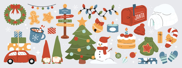 Fototapeta premium Christmas clipart vector set. Cute festive holiday elements with tree, gifts, stockings, candles, gingerbread, candy cane, snowman, letter to Santa mailbox and Santa sack