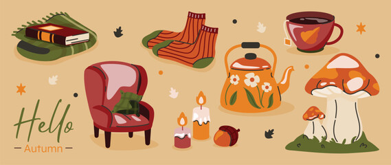 Obraz premium Cozy autumn banner vector set with Hello Autumn lettering, armchair, teapot, mushrooms, books, candles and fall elements