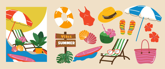 Obraz premium Summer vacation vector set with beach poster template and cute tropical elements for flyer, invitation and seasonal design