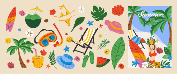 Obraz premium Summer poster template vector set. Tropical beach elements with woman balancing fruit drink on her head, surfboard, palm tree and summer accessories