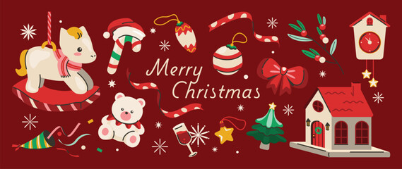 Fototapeta premium Cute Christmas banner vector set with festive holiday elements, rocking horse, teddy bear, ornaments, candy cane, house and Merry Christmas text