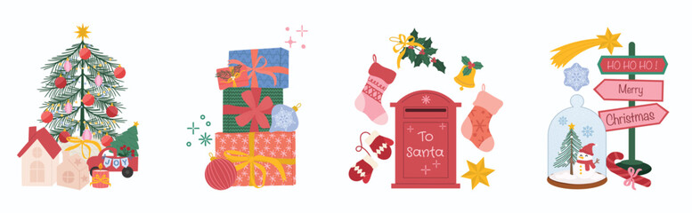 Fototapeta premium Christmas holiday element vector set. Cute festive clipart with decorated tree, gift boxes, Santa mailbox, signpost, snow globe and winter ornaments.