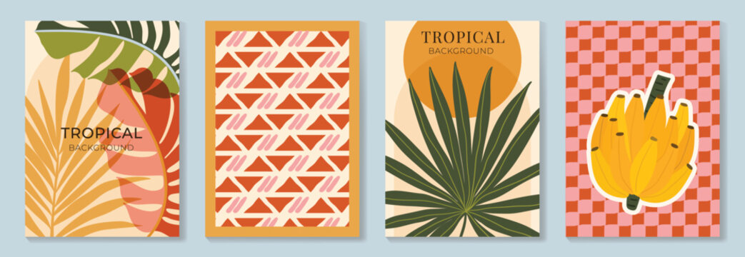 Tropical poster background vector set. Summer wall art templates with palm leaves, banana fruit, geometric patterns and retro tropical shapes.