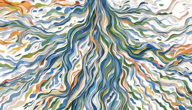 Abstract composition of flowing layered paper strips in blue, green, and orange colors creating a river like pattern on white background