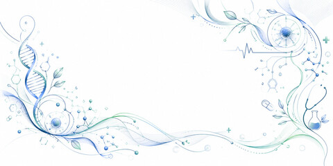 Fototapeta premium Abstract medical healthcare background frame with DNA helix leaves and stethoscope icons