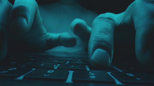 Hacker hands rapidly typing on a dark laptop keyboard illuminated by cool blue light.