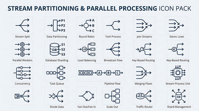 Stream data flows through parallel processing with icons on white background for tech industry