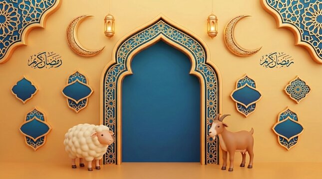 3d islamic background for eid aladha and ramadan with cute sheep, goat, golden arch, crescent moon, lanterns, and arabic calligraphy