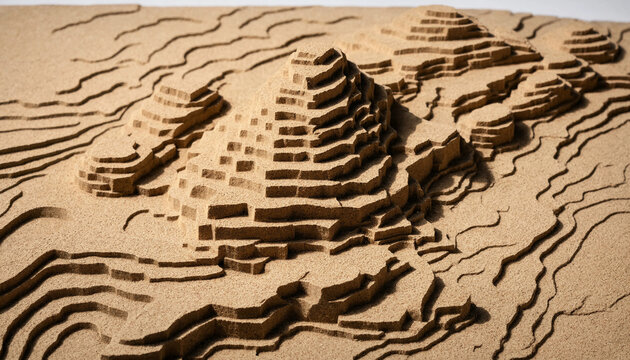 Topographical relief model of a mountain landscape made from brown cork or sand showing layered elevation contours and textures